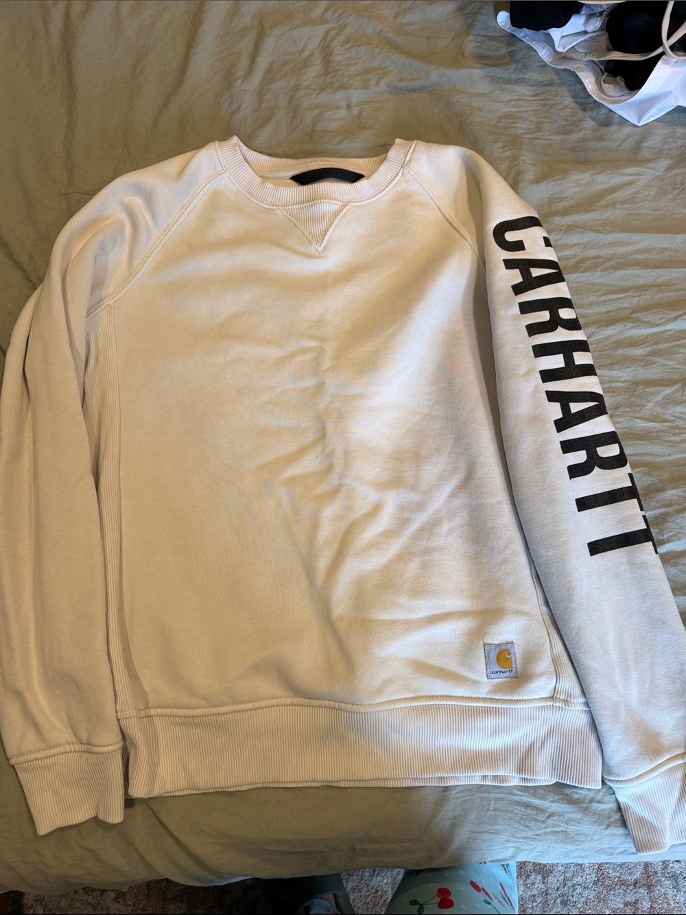 Carhartt Men’s Cream Crewneck Sweatshirt with Black Sleeve Logo